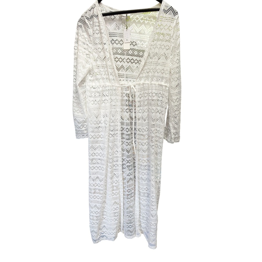 Isla Bonita Maxi Duster Women L/XL White NWT Crochet Sheer Geometric Tie Front